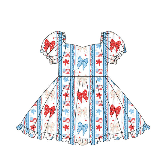 GSD3789 Preorder Baby Girl Flowers Bows Stripe 4th of July Ruffle Knee Length Dresses