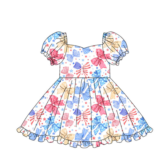 GSD3790 Preorder Baby Girl Stars Bows 4th of July Ruffle Knee Length Dresses