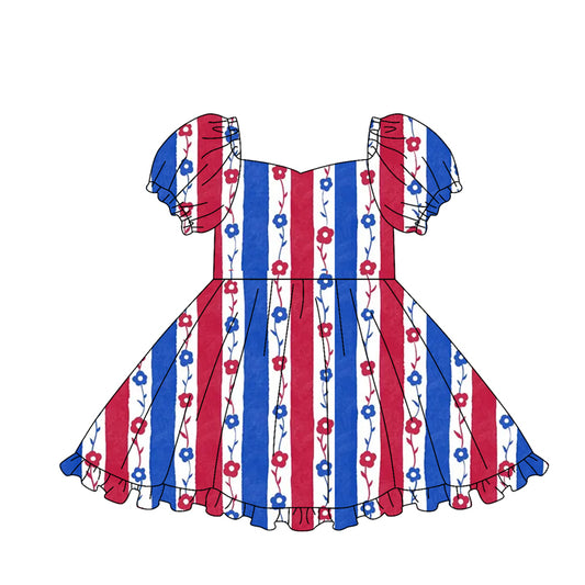 GSD3791 Preorder Baby Girl Flowers Stripe 4th of July Ruffle Knee Length Dresses