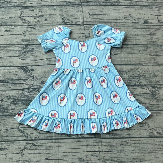 GSD3792 Preorder Sample Baby Girls Blue Stripe Bow Flags 4th of July Ruffle Knee Length Dresses