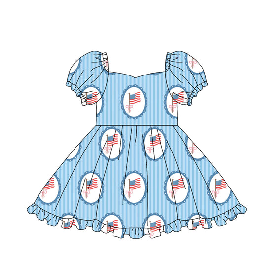 GSD3792 Preorder Baby Girl Blue Stripe Bow Flags 4th of July Ruffle Knee Length Dresses