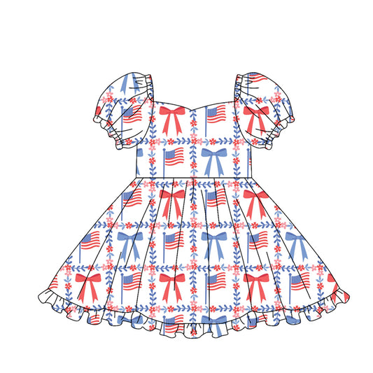 GSD3793 Preorder Baby Girl Bows Flags Checked 4th of July Ruffle Knee Length Dresses