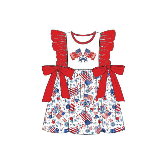 GSD3794 Preorder Baby Girl Flutter Sleeve Bow Flag Flowers 4th of July Knee Length Dress