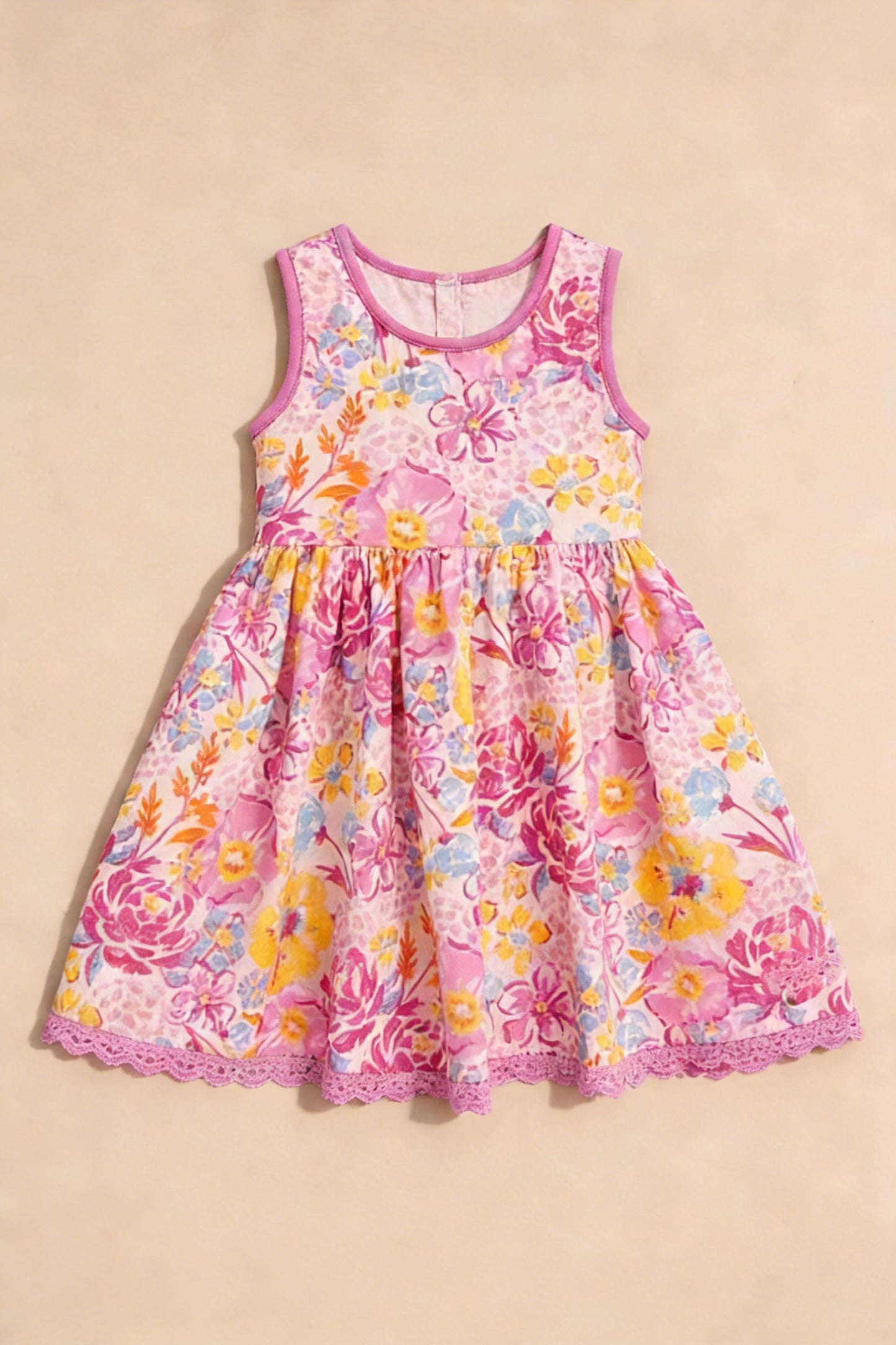 GSD3795 Preorder Baby Girl Sleeveless Colorful Flowers Ruffle Knee Length Dresses