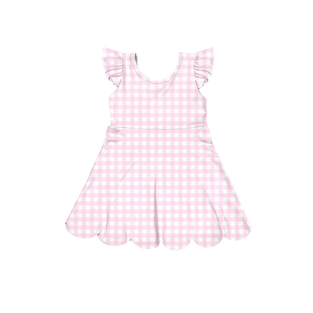 GSD3796 Preorder Baby Girl Pink Checked Yoga Active Scallop Knee Length Dresses