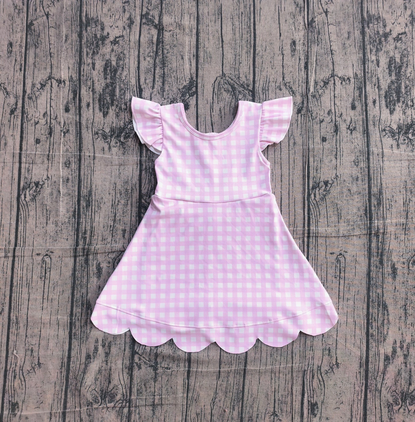 GSD3796 Preorder Sample Baby Girls Pink Checked Yoga Active Scallop Knee Length Dresses