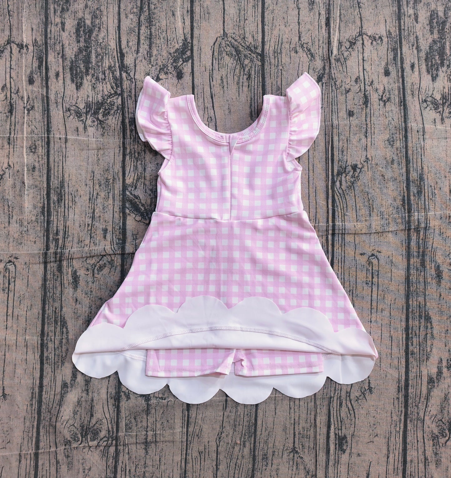 GSD3796 Preorder Sample Baby Girls Pink Checked Yoga Active Scallop Knee Length Dresses
