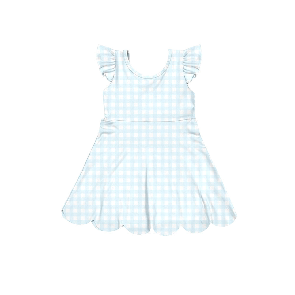 GSD3797 Preorder Baby Girl Blue Checked Yoga Active Scallop Knee Length Dresses