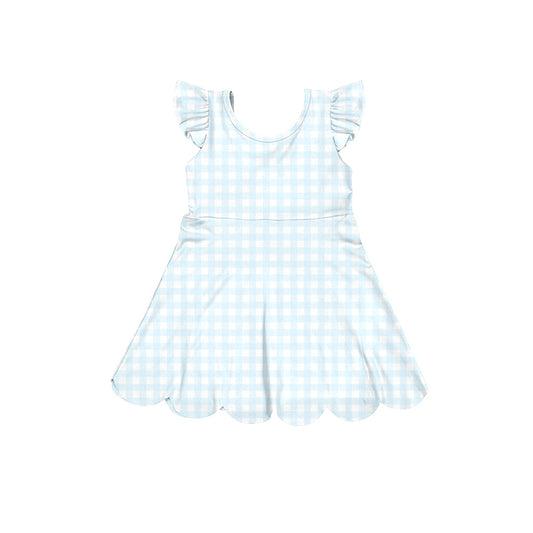 GSD3797 Preorder Baby Girl Blue Checked Yoga Active Scallop Knee Length Dresses