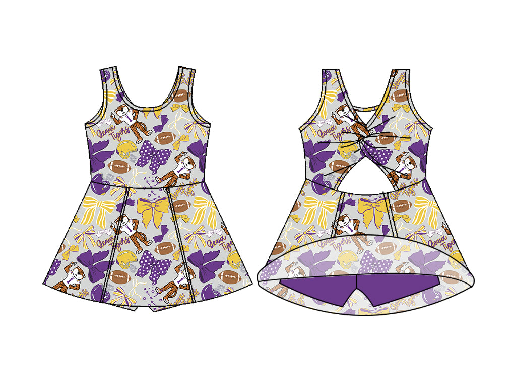 GSD3801 Preorder Baby Girl Footballs Bows Tigers Team Yoga Active Shorts Knee Length Dresses