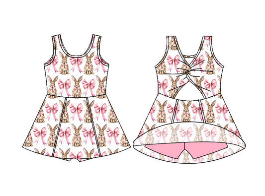 GSD3802 Preorder Baby Girl Sleeveless Bows Rabbits Easter Yoga Active Shorts Knee Length Dress