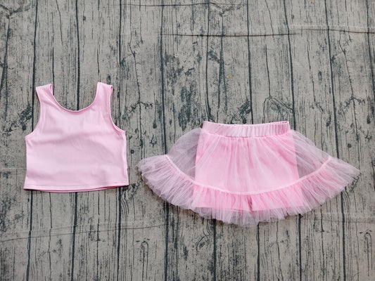 GSD3806 Preorder Sample Baby Girls Pink Sleeveless Back Bow Vests Tassel Skirt Short Yoga Active Clothes Set
