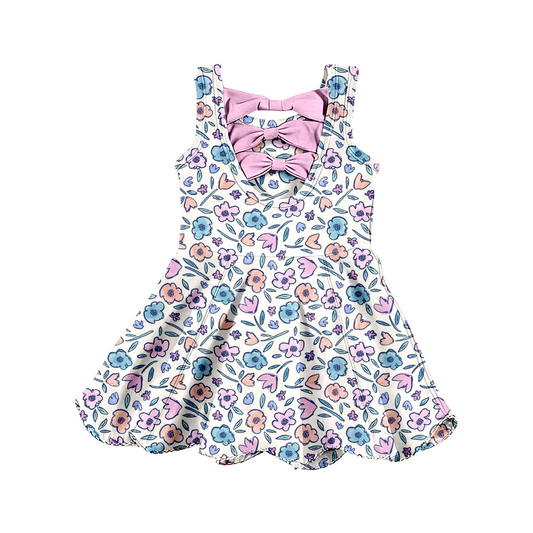 GSD3808 Preorder Baby Girls Colorful Flower Bows Top Yoga Active Scallop Short Knee Length Dress