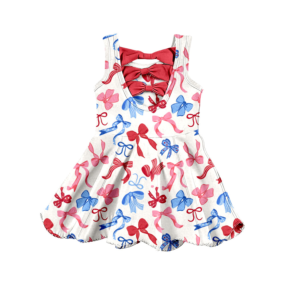 GSD3809 Preorder Baby Girls 4th of July Bows Top Yoga Active Scallop Short Knee Length Dress