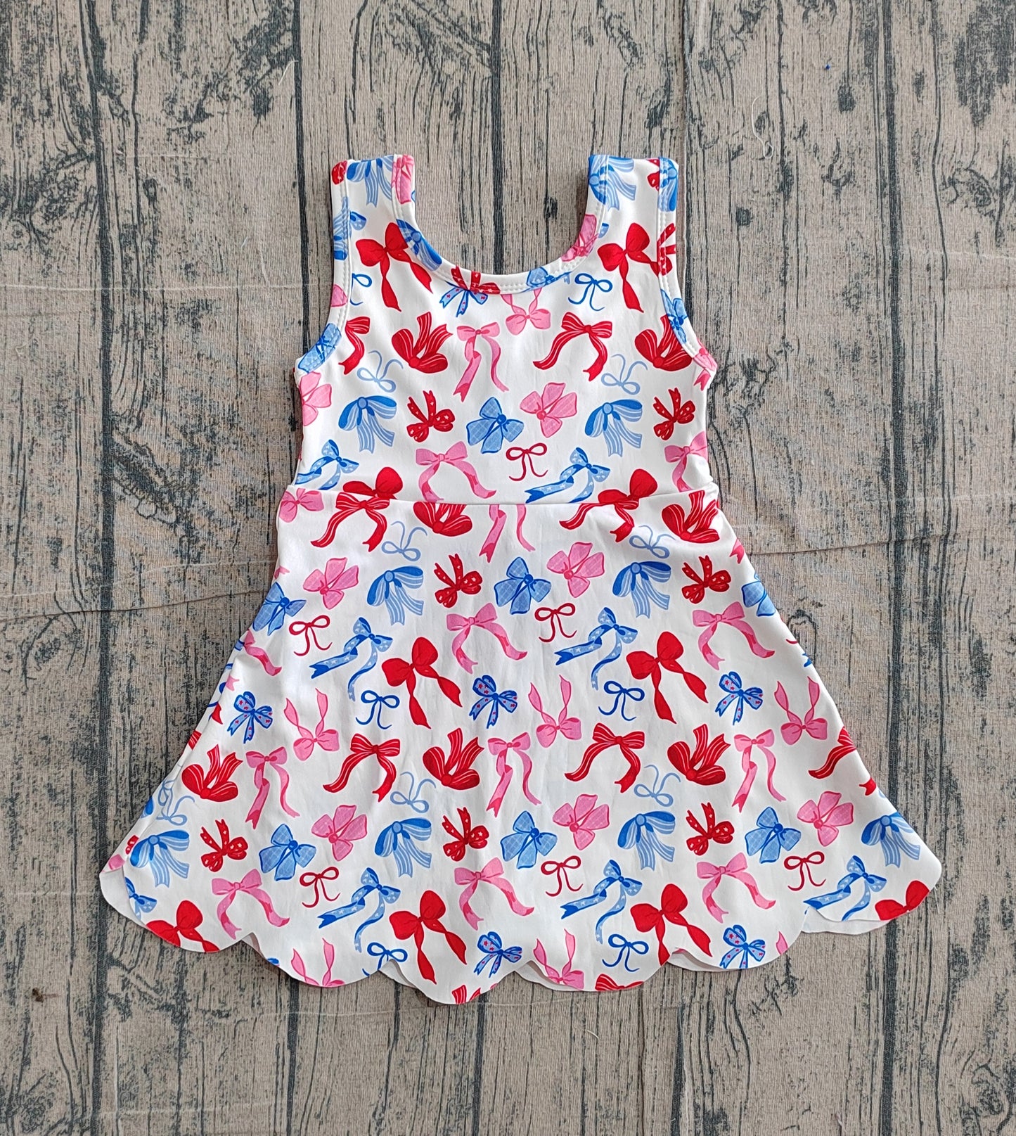 GSD3809 Preorder Sample Baby Girl 4th of July Bows Top Yoga Active Scallop Short Knee Length Dress