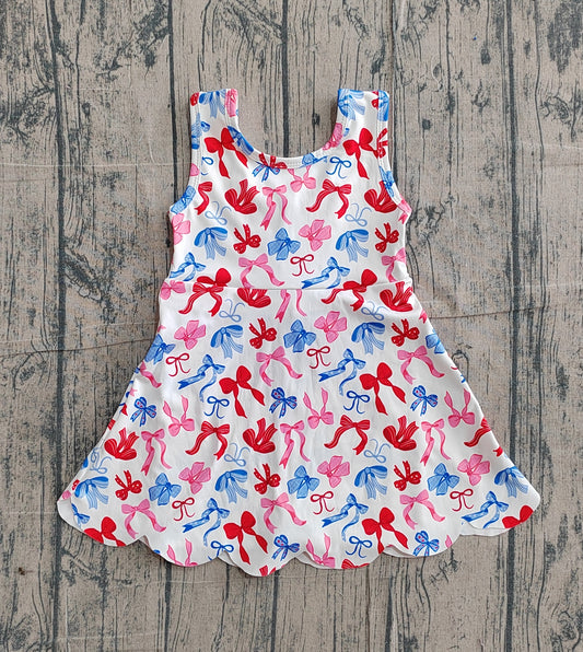 GSD3809 Preorder Sample Baby Girl 4th of July Bows Top Yoga Active Scallop Short Knee Length Dress