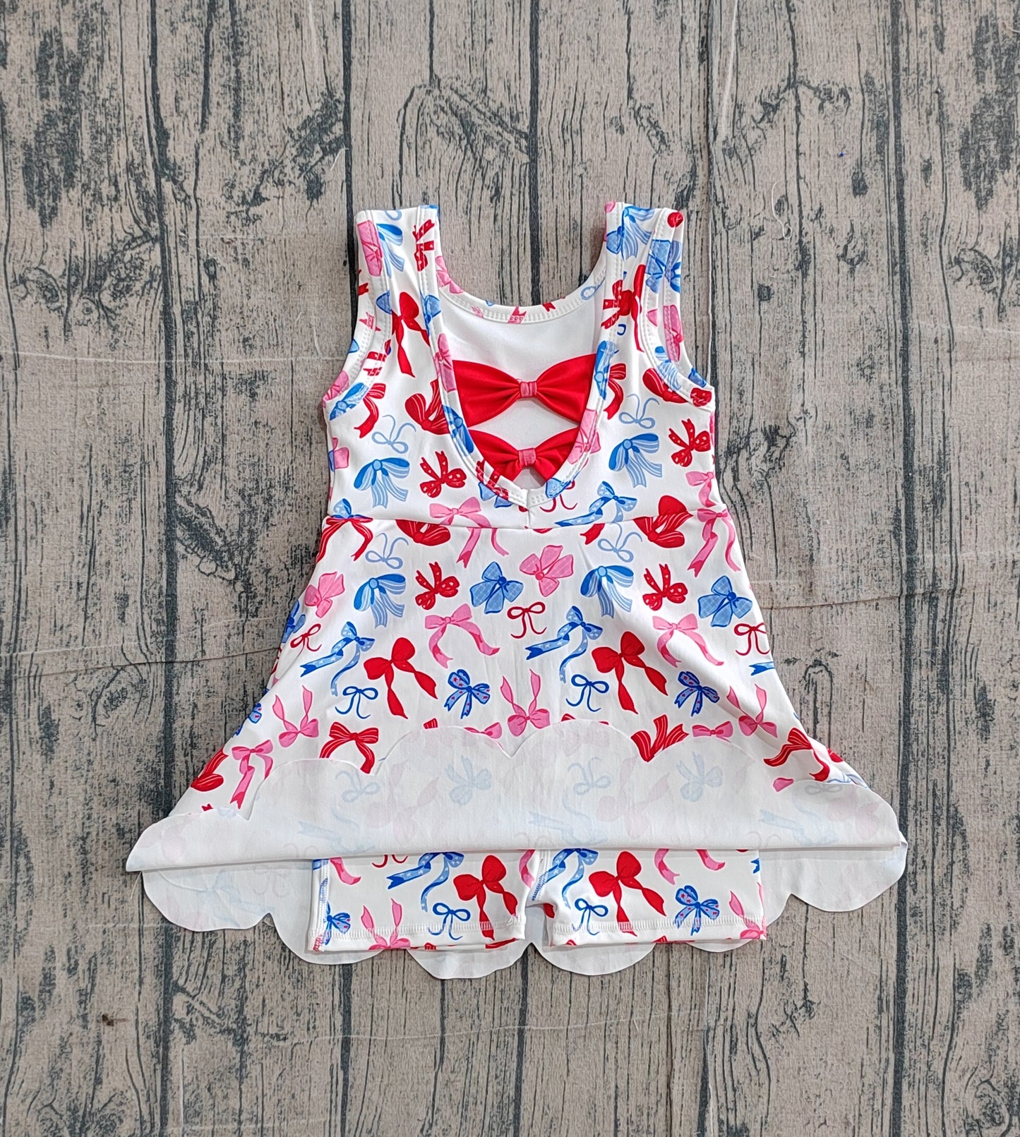 GSD3809 Preorder Sample Baby Girl 4th of July Bows Top Yoga Active Scallop Short Knee Length Dress