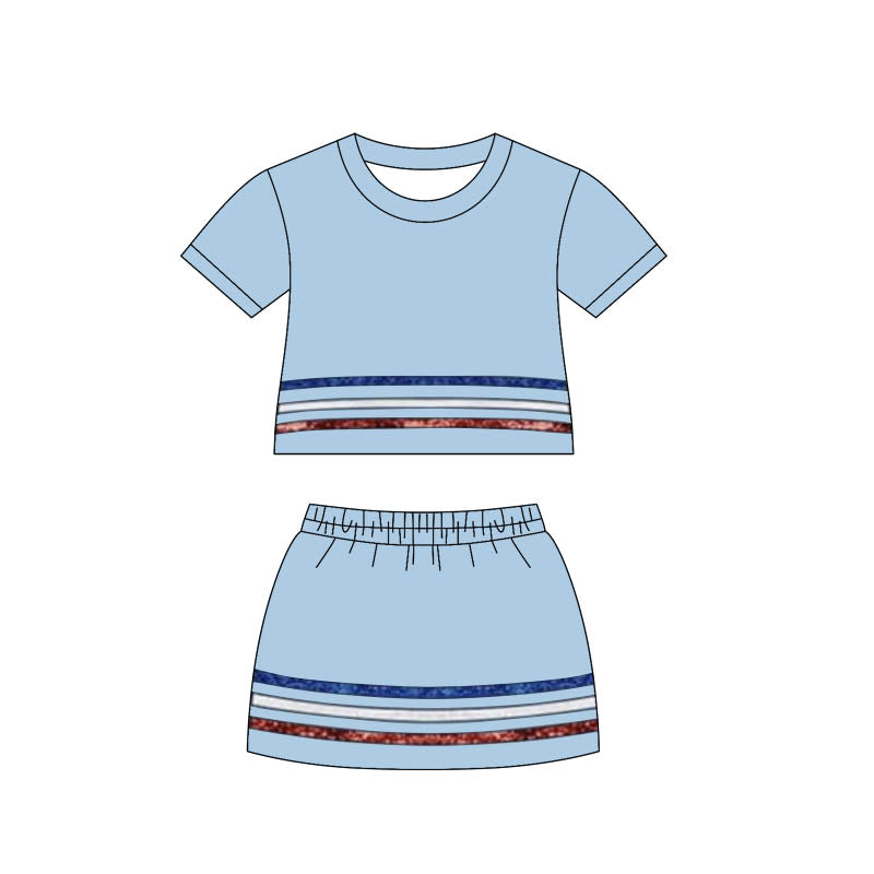 GSD3810 Preorder Baby Girls Blue Short Sleeve Stripe Top Skirt Shorts Clothes Sets