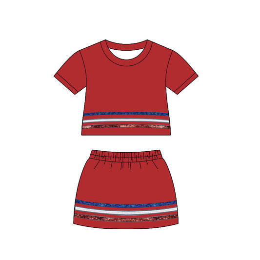 GSD3812 Preorder Baby Girls Red Short Sleeve Stripe Top Skirt Shorts Clothes Sets