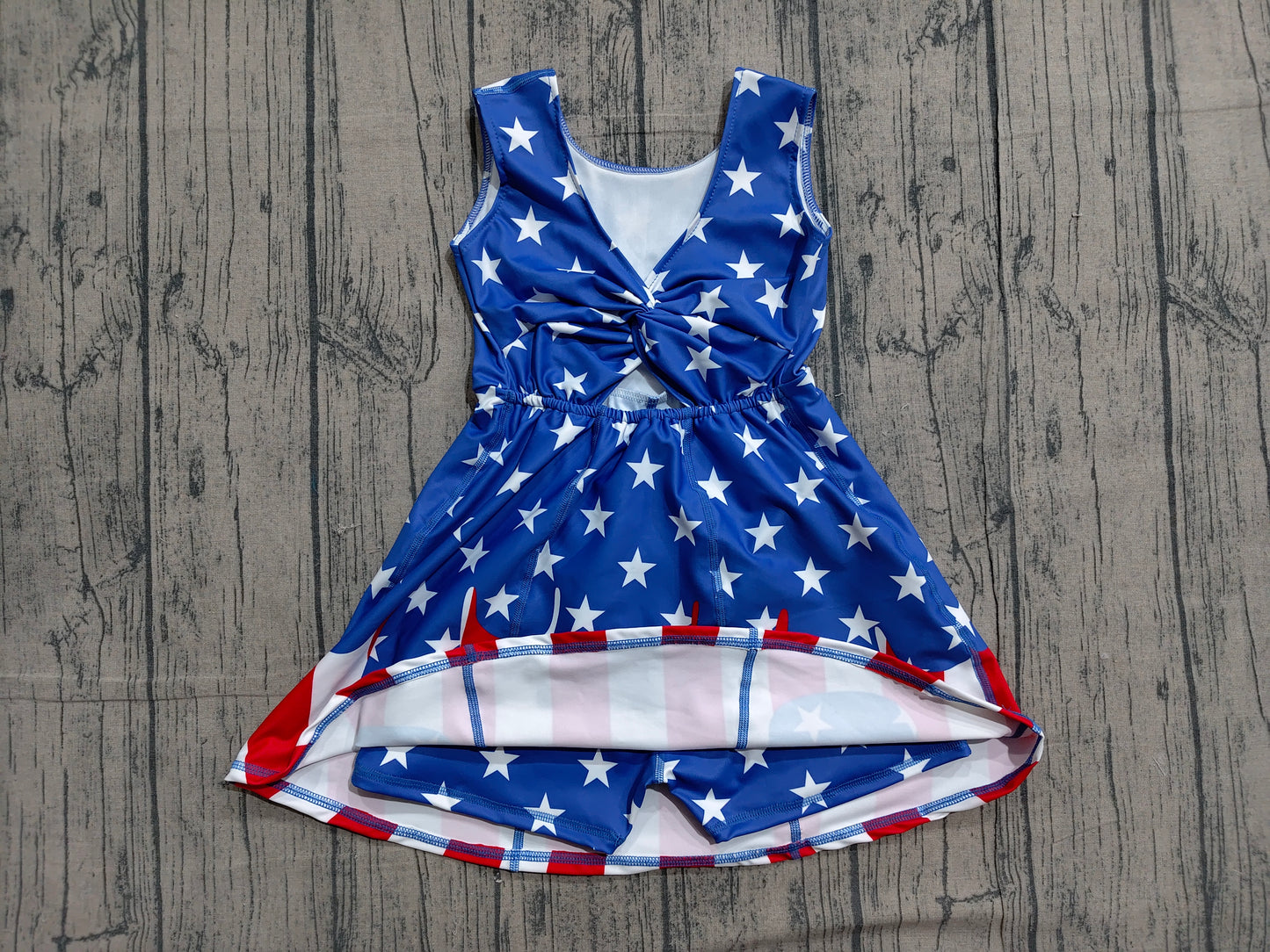 GSD3813 Preorder Sample Baby Girls Stars Stripe Yoga Active Short 4th of July Knee Length Dress