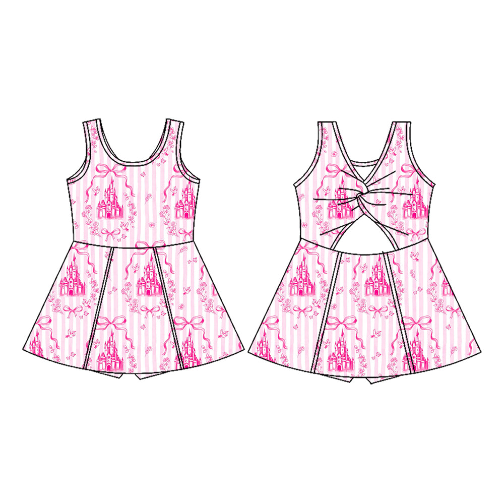 GSD3815 Preorder Baby Girl Pink Stripe Bows Castles Yoga Active Short Knee Length Dress