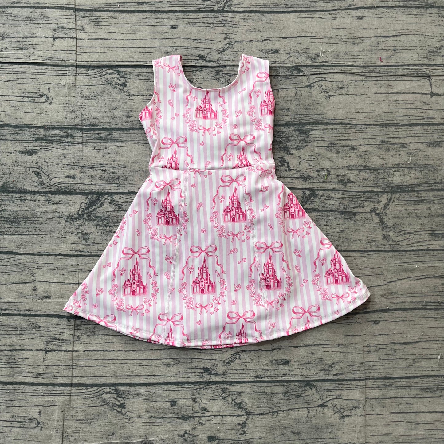 GSD3815 Preorder Sample Baby Girls Pink Stripe Bows Castles Yoga Active Short Knee Length Dress