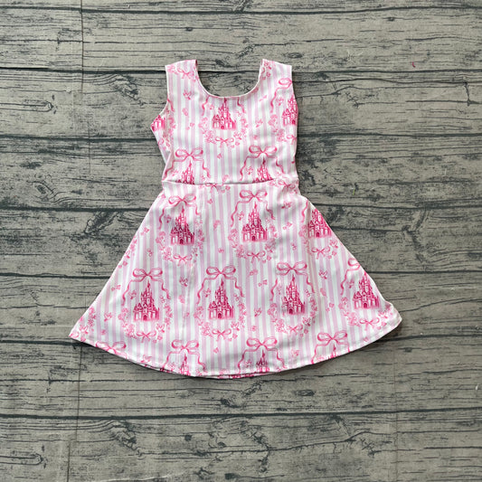 GSD3815 Preorder Sample Baby Girls Pink Stripe Bows Castles Yoga Active Short Knee Length Dress