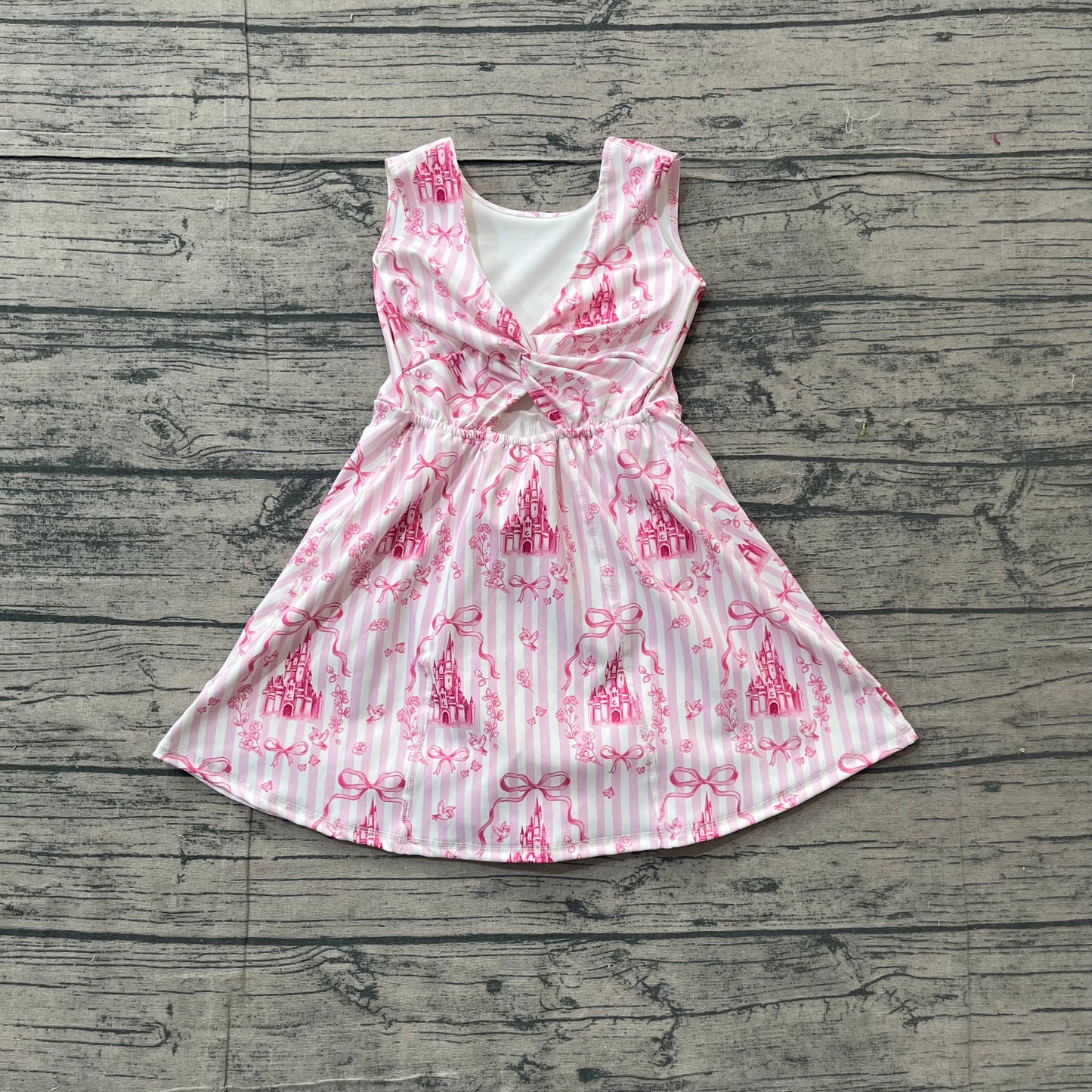 GSD3815 Preorder Sample Baby Girls Pink Stripe Bows Castles Yoga Active Short Knee Length Dress