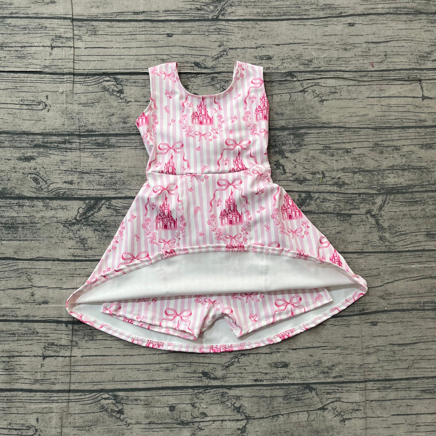 GSD3815 Preorder Sample Baby Girls Pink Stripe Bows Castles Yoga Active Short Knee Length Dress