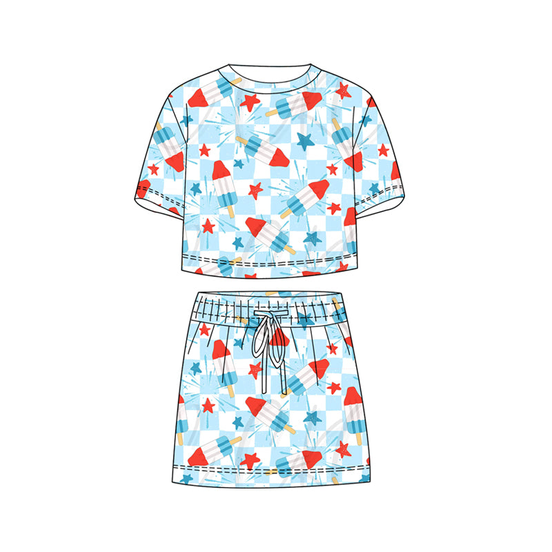 GSD3816 Preorder Baby Girl Blue Checked Popsicle Stars Top Skirt Shorts 4th of July Clothes Sets