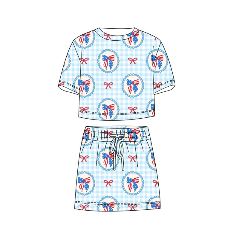 GSD3817 Preorder Baby Girl Blue Checked Flag Bows Top Skirt Shorts 4th of July Clothes Sets