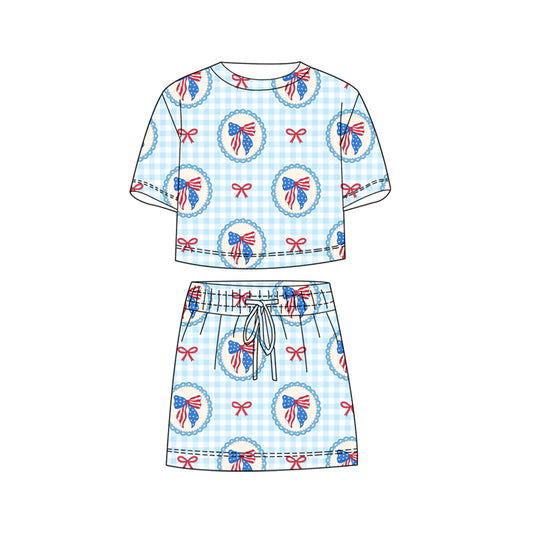 GSD3817 Preorder Baby Girl Blue Checked Flag Bows Top Skirt Shorts 4th of July Clothes Sets