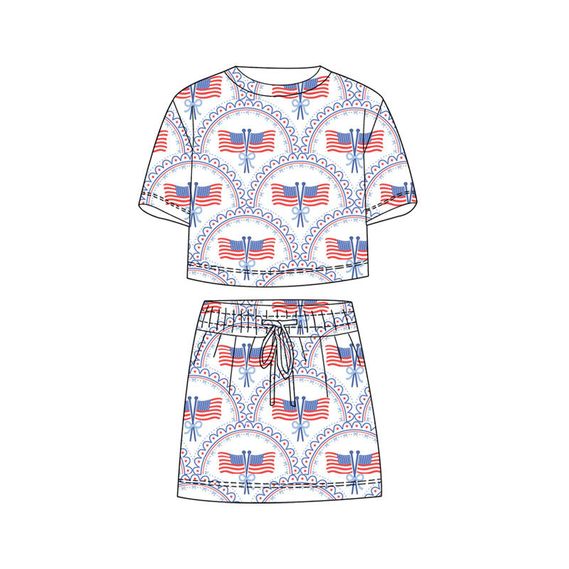 GSD3818 Preorder Baby Girl Flag Bows Checked Top Skirt Shorts 4th of July Clothes Sets