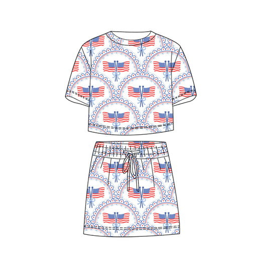GSD3818 Preorder Baby Girl Flag Bows Checked Top Skirt Shorts 4th of July Clothes Sets