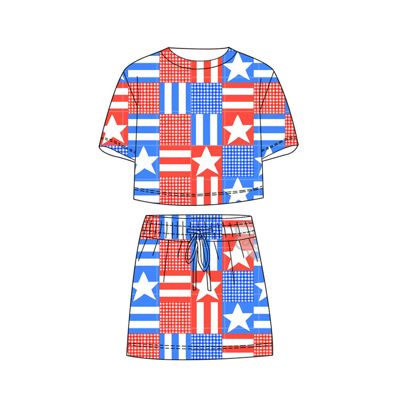 GSD3819 Preorder Baby Girl Star Flags Checked Top Skirt Shorts 4th of July Clothes Sets