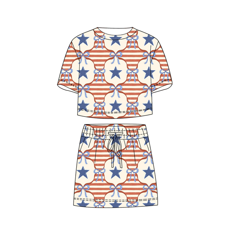 GSD3820 Preorder Baby Girl Bow Stars Stripe Top Skirt Shorts 4th of July Clothes Sets