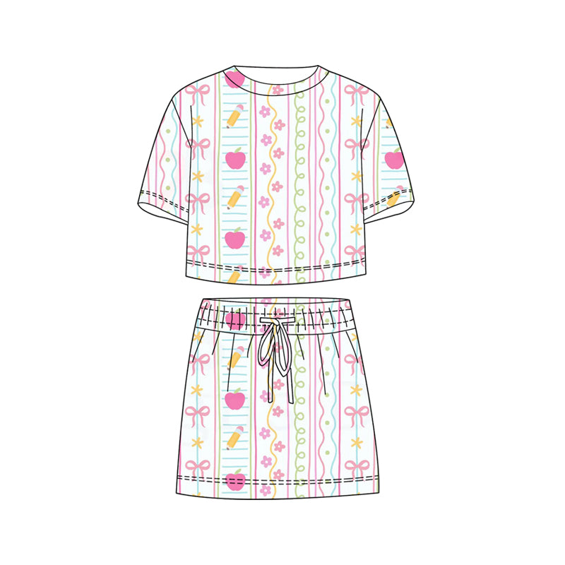 GSD3822 Preorder Baby Girl Colorful Flower Pencils Top Skirt Shorts Back to School Clothes Sets