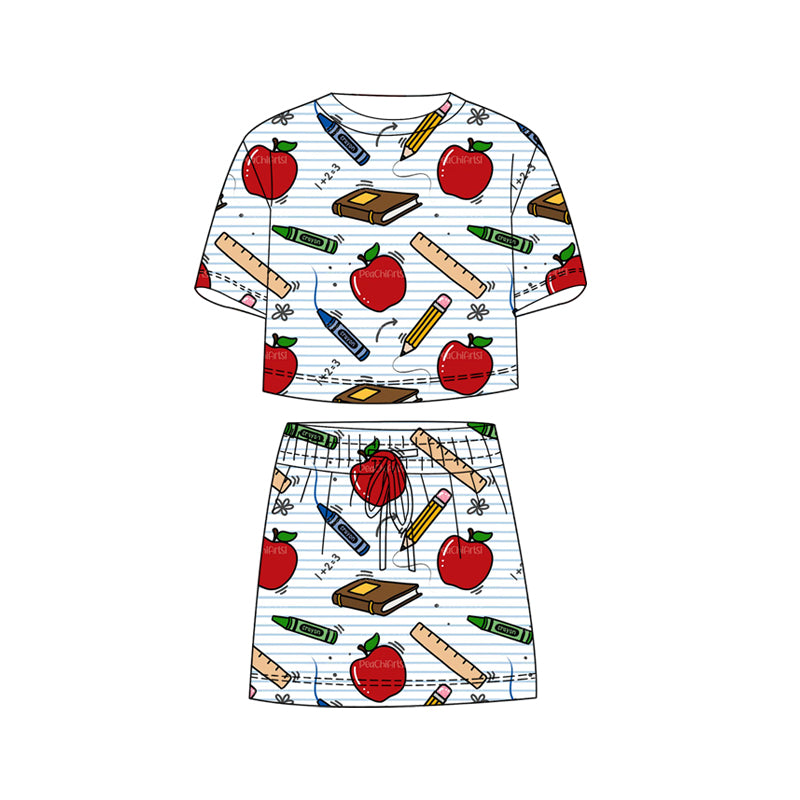 GSD3823 Preorder Baby Girl Apple Pencils Stripe Top Skirt Shorts Back to School Clothes Sets
