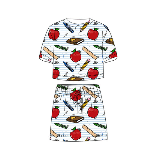 GSD3823 Preorder Baby Girl Apple Pencils Stripe Top Skirt Shorts Back to School Clothes Sets