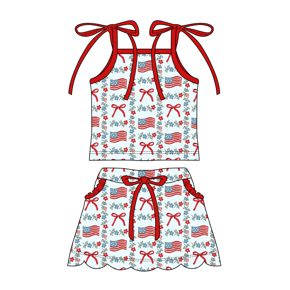 GSD3826 Preorder Baby Girl Strap Flower Flags Top Pockets Skirt Shorts 4th of July Clothes Sets