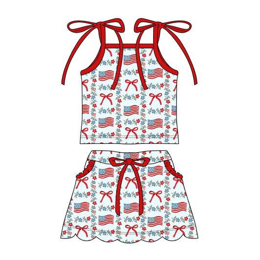 GSD3826 Preorder Baby Girl Strap Flower Flags Top Pockets Skirt Shorts 4th of July Clothes Sets