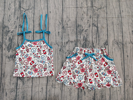 GSD3827 Preorder Sample Baby Girls Strap Coffee Ice Cream Top Pockets Skirt Shorts 4th of July Clothes Sets