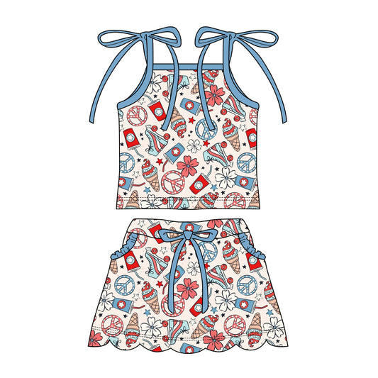 GSD3827 Preorder Baby Girl Strap Coffee Ice Cream Top Pockets Skirt Shorts 4th of July Clothes Sets