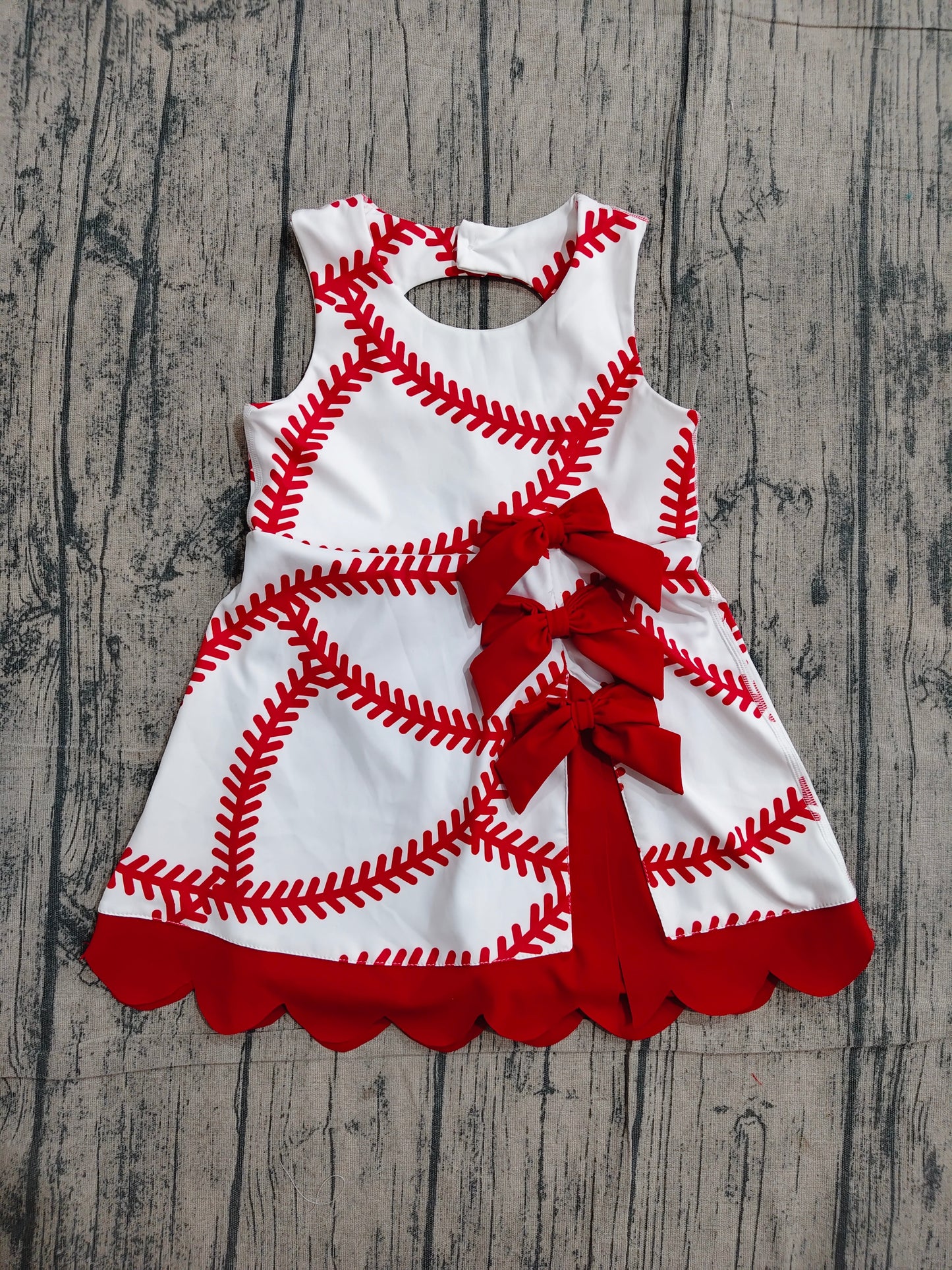 GSD3833 Preorder Sample Baby Girls Baseball Bows Team Yoga Active Scallop Short Knee Length Dress