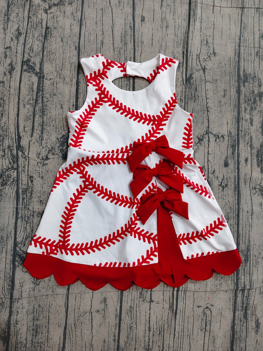 GSD3833 Preorder Sample Baby Girls Baseball Bows Team Yoga Active Scallop Short Knee Length Dress