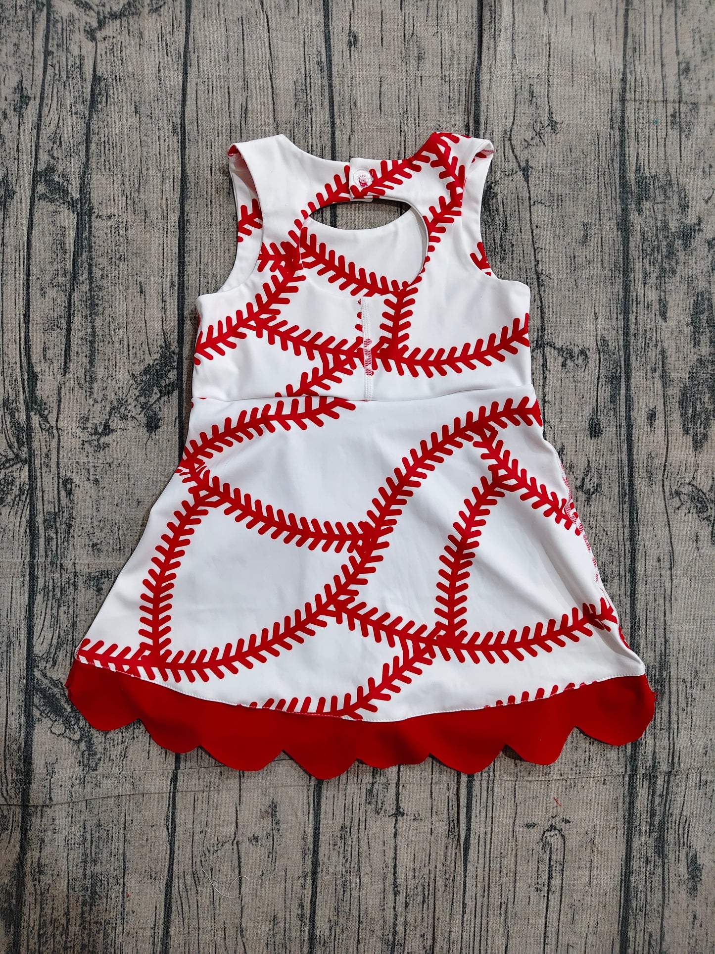 GSD3833 Preorder Sample Baby Girls Baseball Bows Team Yoga Active Scallop Short Knee Length Dress