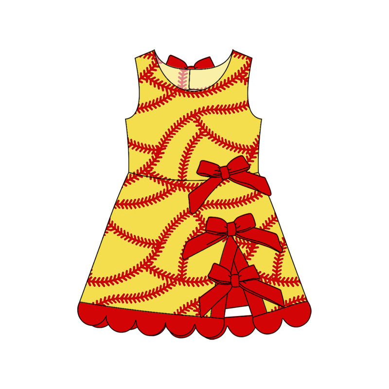 GSD3834 Preorder Baby Girl Sleeveless Softball Bows Team Yoga Active Short Knee Length Dress