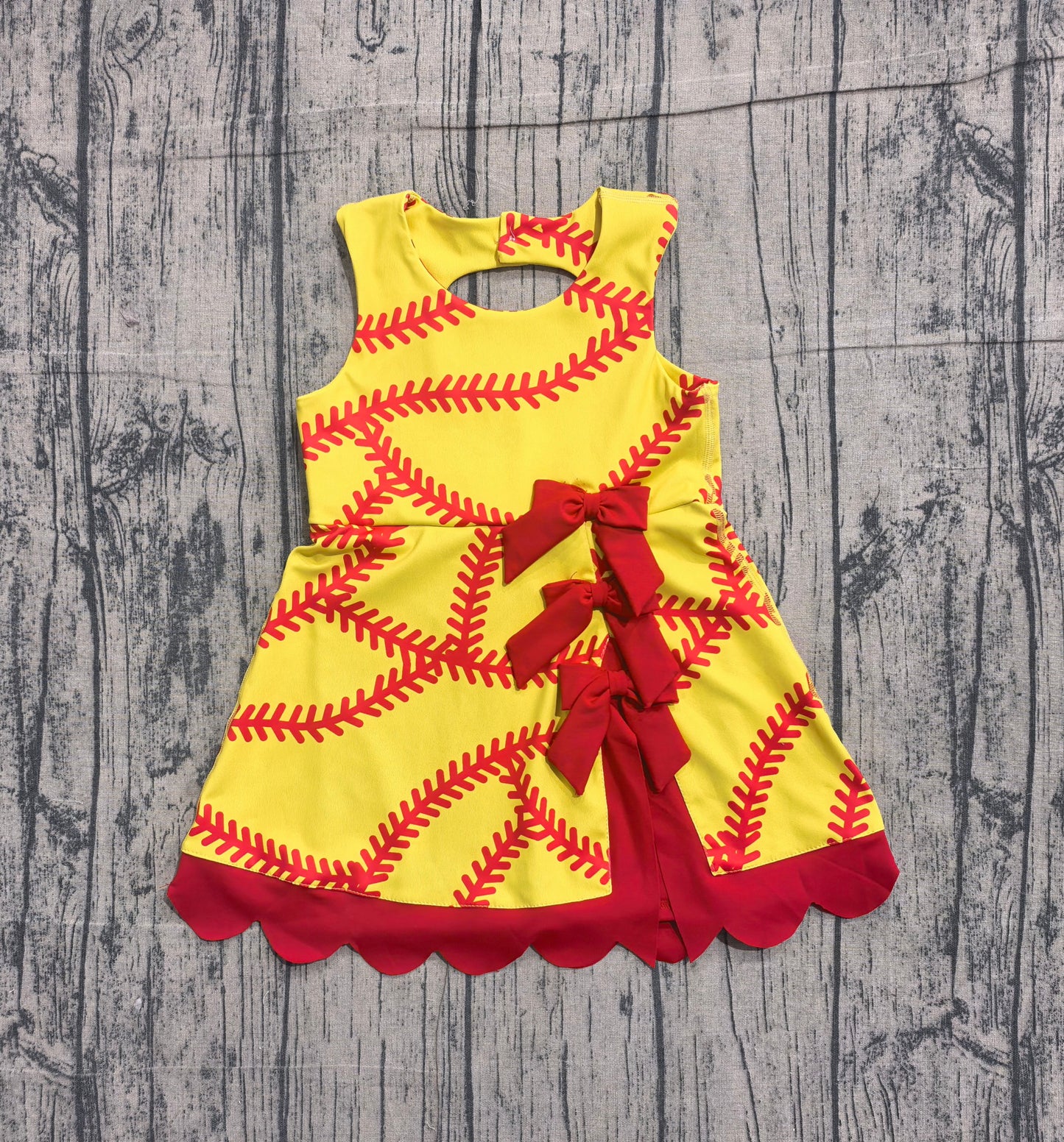 GSD3834 Preorder Sample Baby Girls Softball Bows Team Yoga Active Scallop Short Knee Length Dress