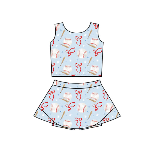 GSD3835 Preorder Baby Girl Bows Baseballs Vests Top Skirt Short Team Yoga Active Clothes Set