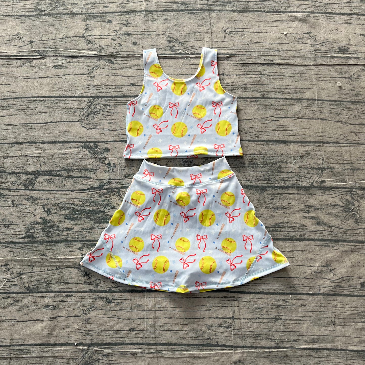 GSD3836 Preorder Sample Baby Girl Bows Softballs Vests Top Skirt Short Team Yoga Active Clothes Set